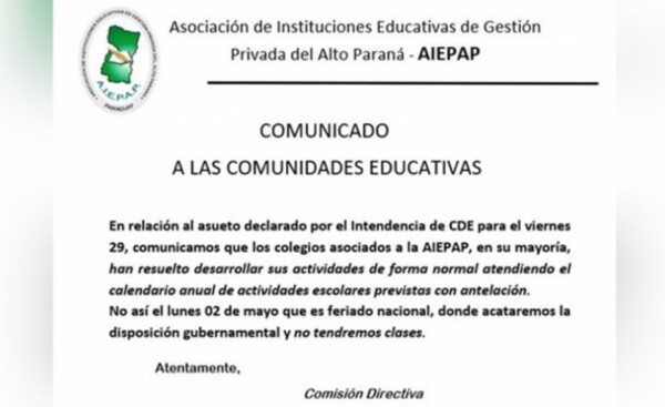 Instituciones educativas del AIEPAP no se adhieren al asueto de mañana