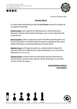 Olimpia y un comunicado médico que preocupa - Olimpia - ABC Color