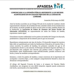 Colegios privados se pronuncian con indignación y estupor por abuso de niño - Nacionales - ABC Color