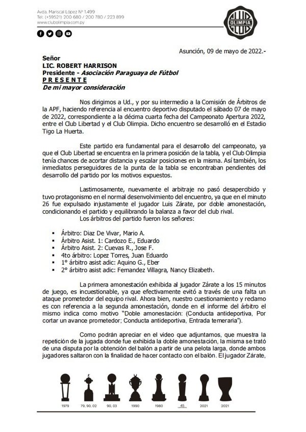 Versus / Olimpia pide por nota que seis árbitros no piten más sus partidos - PARAGUAYPE.COM