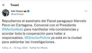 Presidente colombiano asegura colaboración para esclarecer muerte de Pecci | 1000 Noticias