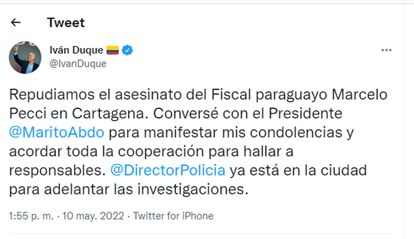 Presidente colombiano asegura colaboración para esclarecer muerte de Pecci | 1000 Noticias