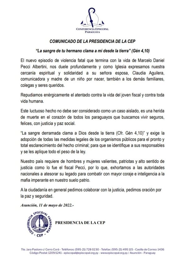 Obispos exigen "pronto y total esclarecimiento" del asesinato del fiscal Pecci - ADN Digital