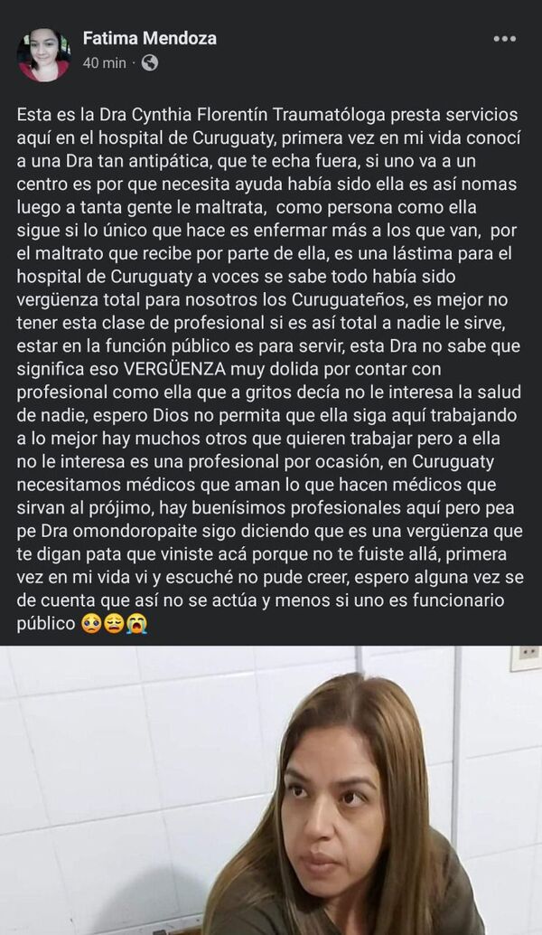 Airada queja por supuesto maltrato de médica se hace viral en Curuguaty - Nacionales - ABC Color