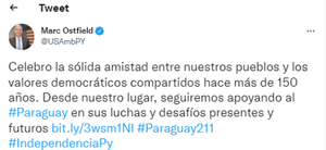 EE.UU saluda a Paraguay por los 211 años de Independencia y reitera apoyo en la lucha contra el crimen trasnacional - Nacionales - ABC Color