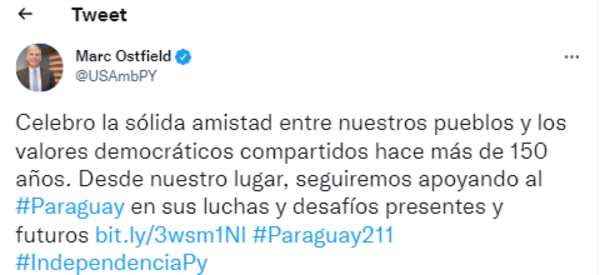 EE.UU saluda a Paraguay por los 211 años de Independencia y reitera apoyo en la lucha contra el crimen trasnacional - Nacionales - ABC Color