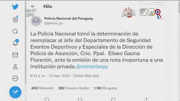 La Policía Nacional relevó de su cargo al jefe de eventos deportivos - SNT