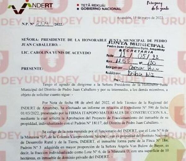 Junta Municipal de Pedro J. Caballero aprobaría loteamiento de 10 hectareas que pretenecen al estado