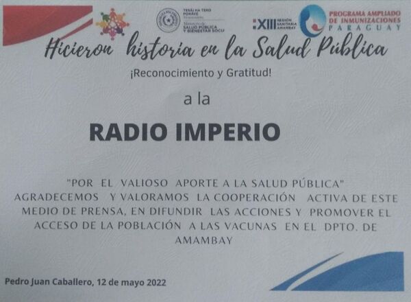 El PAI otorga Certificado de Reconocimiento y Gratitud a Radio Imperio - Radio Imperio