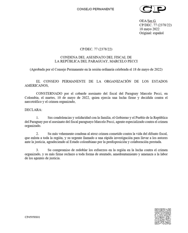 La OEA condena asesinato de Marcelo Pecci  - Nacionales - ABC Color