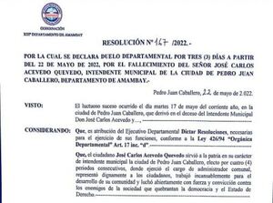 Declaran asueto Departamental por la muerte del intendente José Carlos Acevedo
