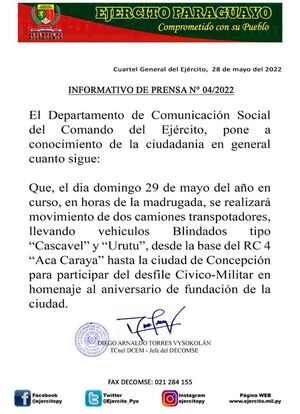 Comando del Ejército avisa del traslado de vehículos militares a Concepción - Nacionales - ABC Color