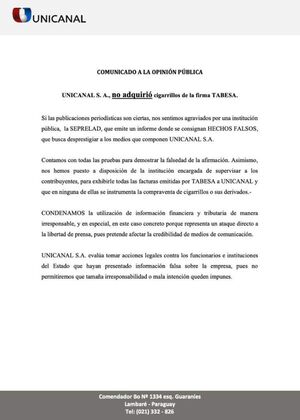 Medio de prensa niega compra de cigarrillos de Tabesa y cuestiona informe de inteligencia