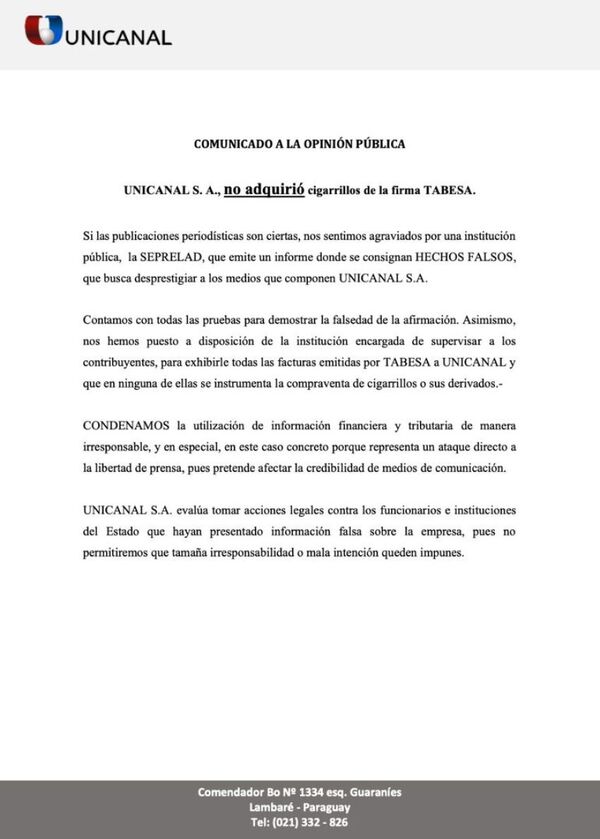 Medio de prensa niega compra de cigarrillos de Tabesa y cuestiona informe de inteligencia