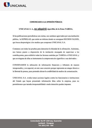 Unicanal niega supuesta compra de cigarrillos de Tabesa - ADN Digital