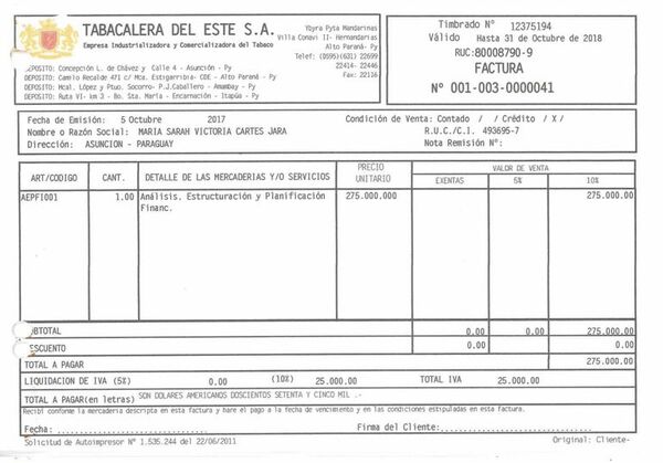 Apuntan a varias inconsistencias en facturas de Tabesa a favor de Sarah - Nacionales - ABC Color