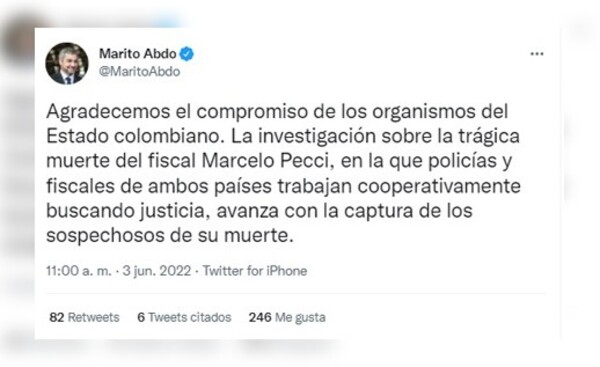 Caso Pecci: Mario Abdo Benítez agradece compromiso de colombianos
