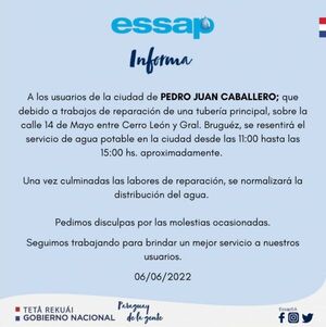 Essap anuncia corte de agua en PJC por trabajos en cañerías
