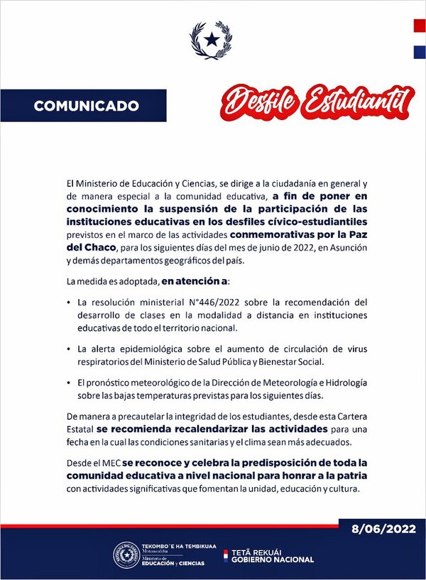 MEC suspende desfiles por Paz del Chaco ante aumento de cuadros respiratorios - ADN Digital