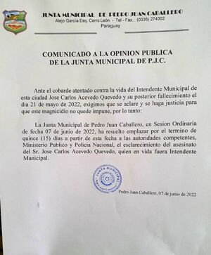 Concejales piden a la Fiscalía y a la Policía que aclaren el homicidio de intendente José C. Acevedo