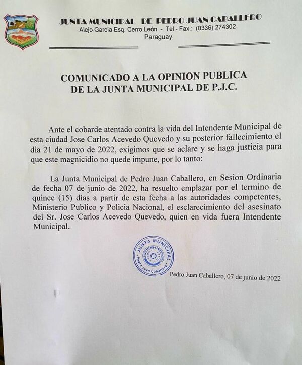 Concejales piden a la Fiscalía y a la Policía que aclaren el homicidio de intendente José C. Acevedo