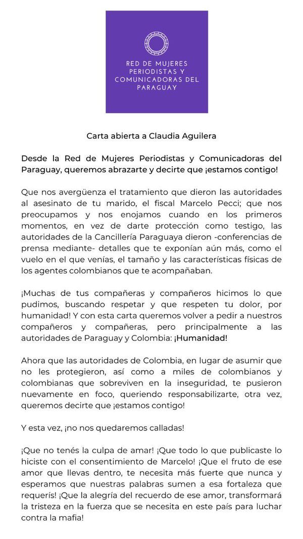 Expresan apoyo a esposa de fiscal Pecci y piden “humanidad” a las autoridades de Paraguay y Colombia - Nacionales - ABC Color