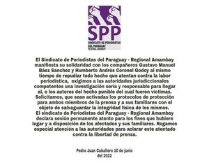 SPP Amambay repudia amenaza contra comunicadores radiales - Radio Imperio