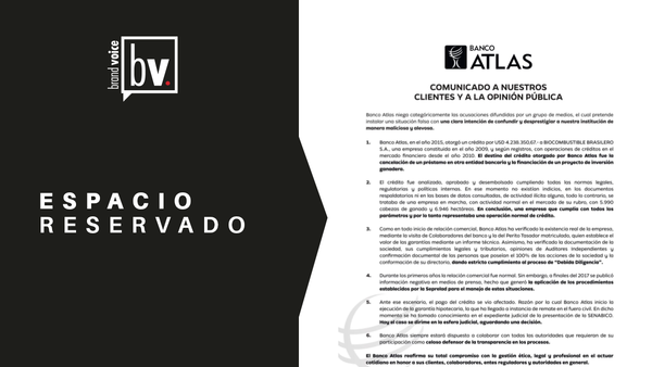 ESPACIO RESERVADO: Comunicado Banco Atlas a sus clientes y a la opinión pública