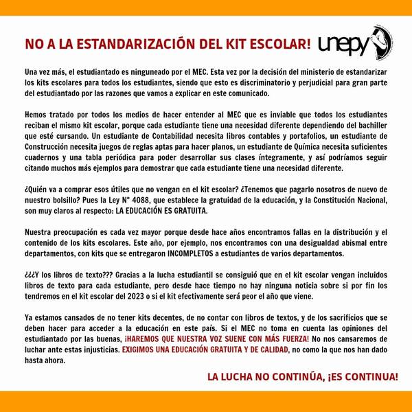 Gremio de estudiantes rechaza estandarización del kit escolar y denuncia "ninguneo" del MEC - ADN Digital