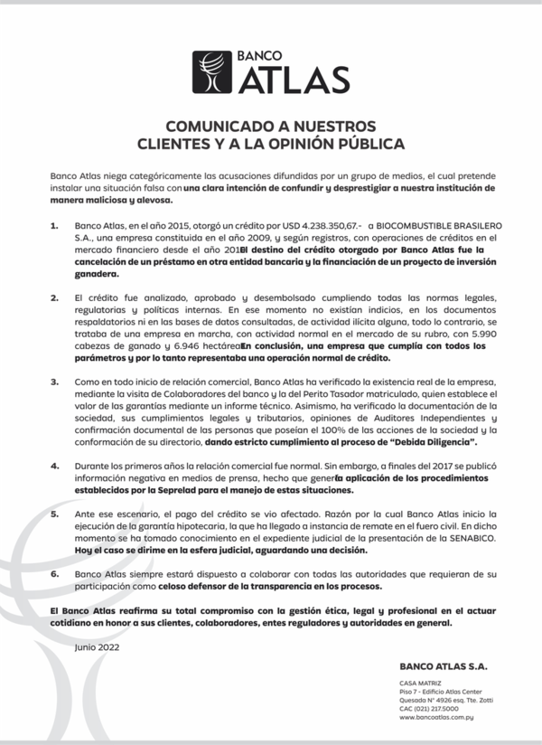 Banco Atlas: Comunicado a nuestros clientes  y a la opinión pública - Espacio Reservado - ABC Color