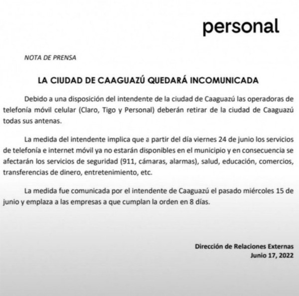 Telefónicas dejarán incomunicada la ciudad de Caaguazú para no pagar las tasas municipales