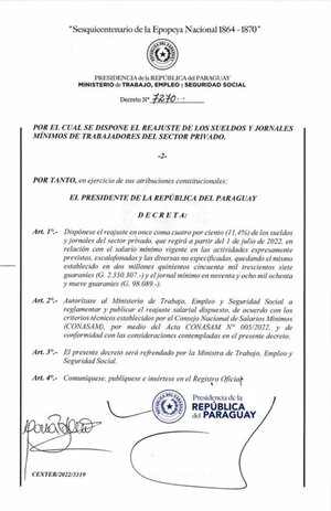 Ejecutivo decretó reajuste del 11% en el salario mínimo vigente - El Trueno