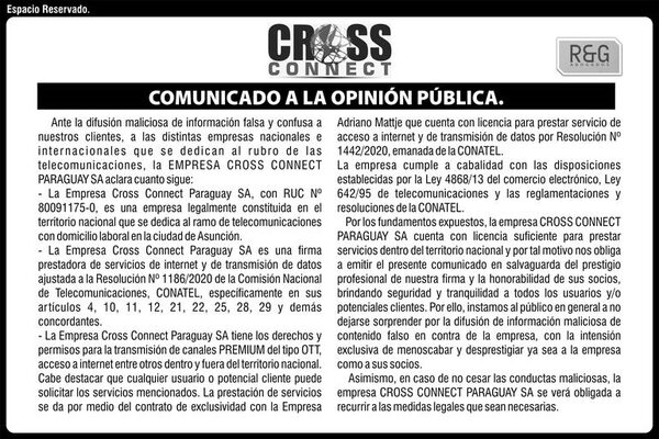 Comunicado a la opinión pública de CROSS CONNECT PARAGUAY S.A. - Espacio Reservado - ABC Color