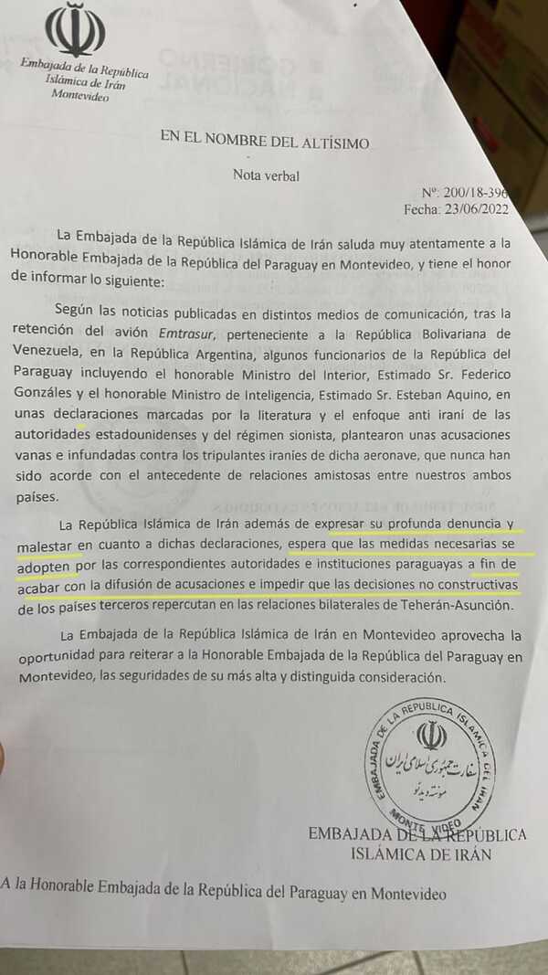 Embajada de Irán emite nota de protesta contra ministros paraguayos | 1000 Noticias