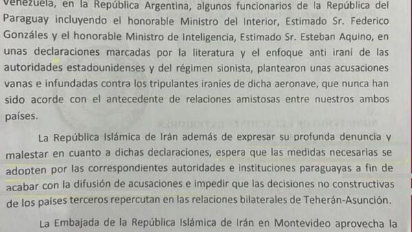 Irán acusa a Paraguay de mantener enfoque sionista en caso del avión