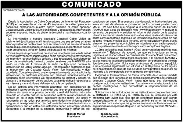 Comunicado de la Asociación de Cable Operadores del Interior del Paraguay a las autoridades competentes y a la opinión pública - Espacio Reservado - ABC Color