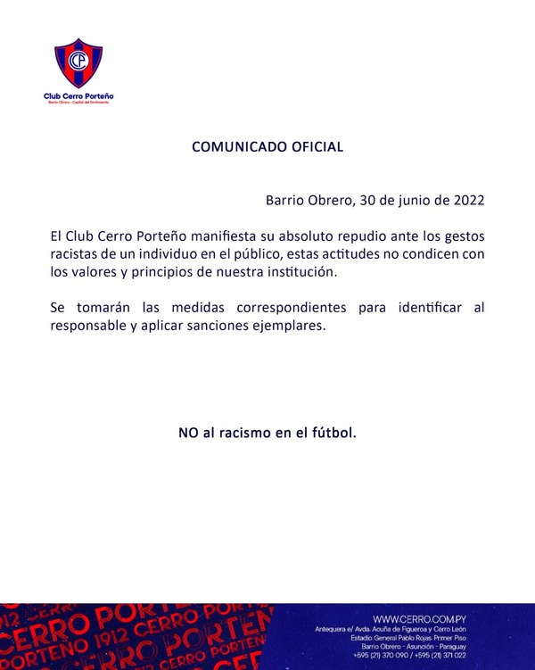 Cerro Porteño saca comunicado en contra de supuesto gesto racista de un hincha | 1000 Noticias