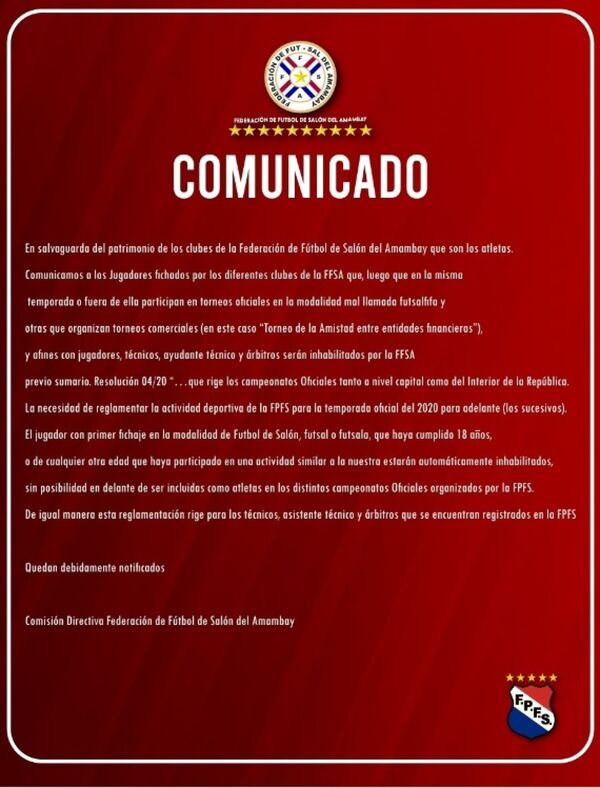 Comunicado mediante la FFSA advierte a clubes, jugadores, técnicos y árbitros - Radio Imperio