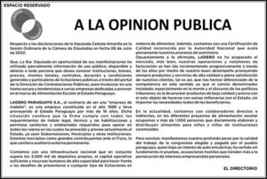 Ladero Paraguayo S.A. responde a la diputada Celeste Amarilla - Espacio Reservado - ABC Color
