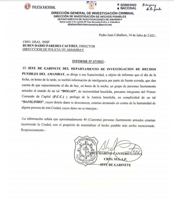 Director de Policía de Amambay confirmó información acerca de plan de atentado contra una autoridad en frontera y apuntó que hay alerta permanente