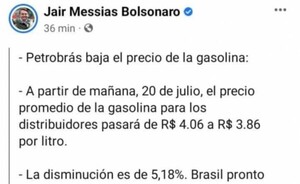 Bolsonaro anuncia descenso del precio del combustible