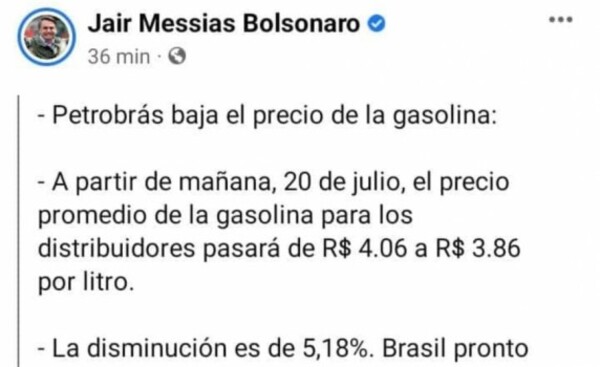 Bolsonaro anuncia descenso del precio del combustible