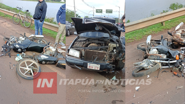 UNA CAMIONETA Y DOS MOTOCICLETAS INVOLUCRADAS EN GRAVE ACCIDENTE DE TRÁNSITO SOBRE EL PUENTE YAKUPASO