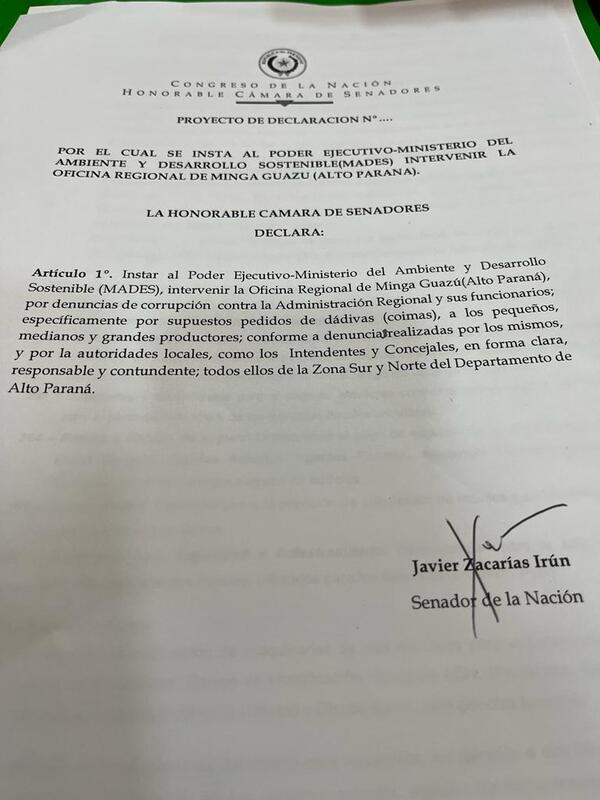 Piden a MADES intervenir oficina de Minga Guasú por presuntos pedidos de coimas | 1000 Noticias