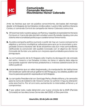 Honor Colorado mantiene apoyo a Cartes y dice que acusaciones tienen intenciones políticas | 1000 Noticias