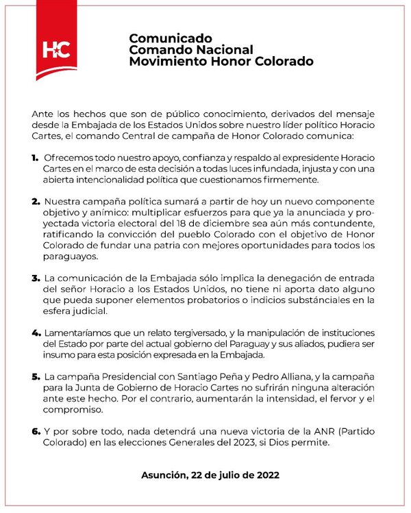 Honor Colorado mantiene apoyo a Cartes y dice que acusaciones tienen intenciones políticas | 1000 Noticias