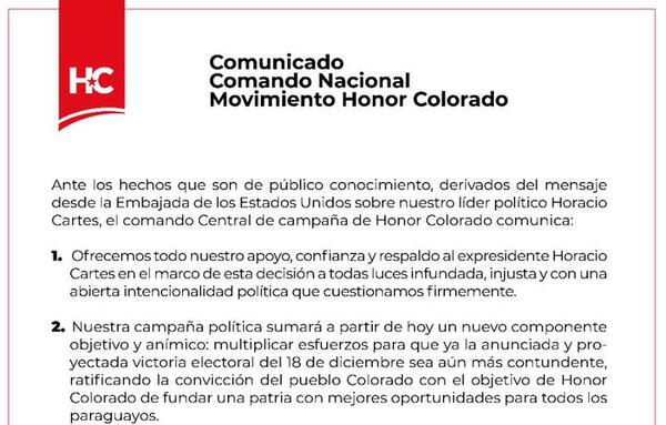Movimiento Honor Colorado repudia acusaciones de EE.UU. contra Cartes