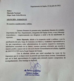 Intendentes liberales de Itapúa piden a Ortiz que vote por el juicio político - Política - ABC Color