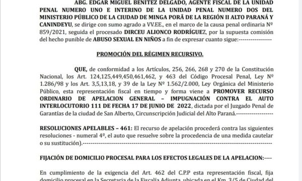 Fiscal apela resolución judicial que concede arresto domiciliario a imputado por abuso sexual en niños – Diario TNPRESS