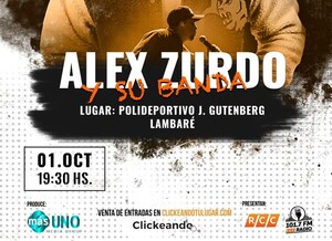 Alex Zurdo y toda su banda se presentarán en el Polideportivo del Gutenberg de Lambaré en octubre.
